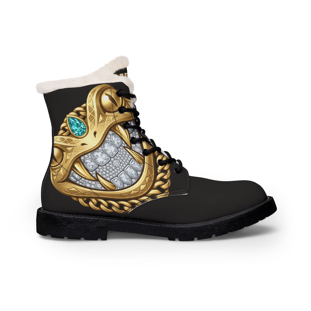 Women's Fur-Lined Leather Boots with Gold Snake & Gem Accent