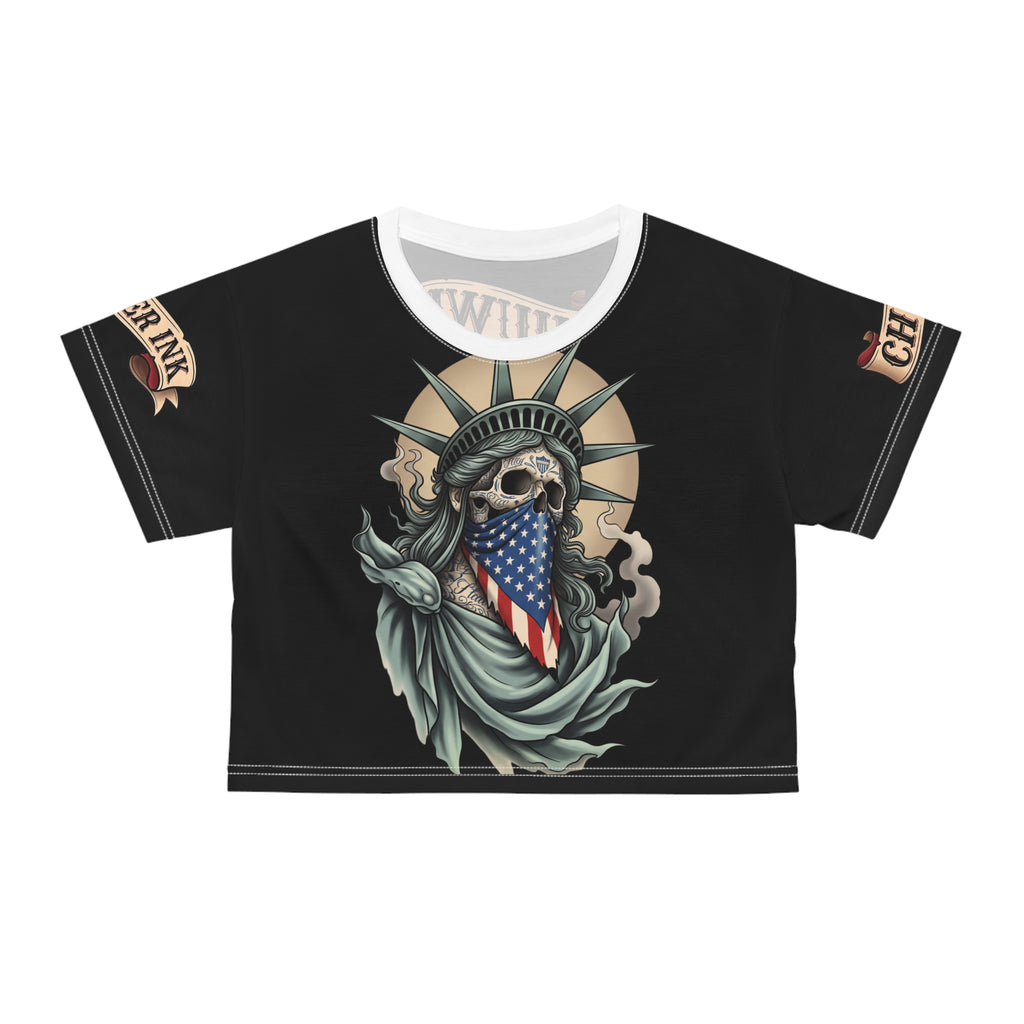 Skull Statue of Liberty Crop Tee — American Flag Bandana Graphic