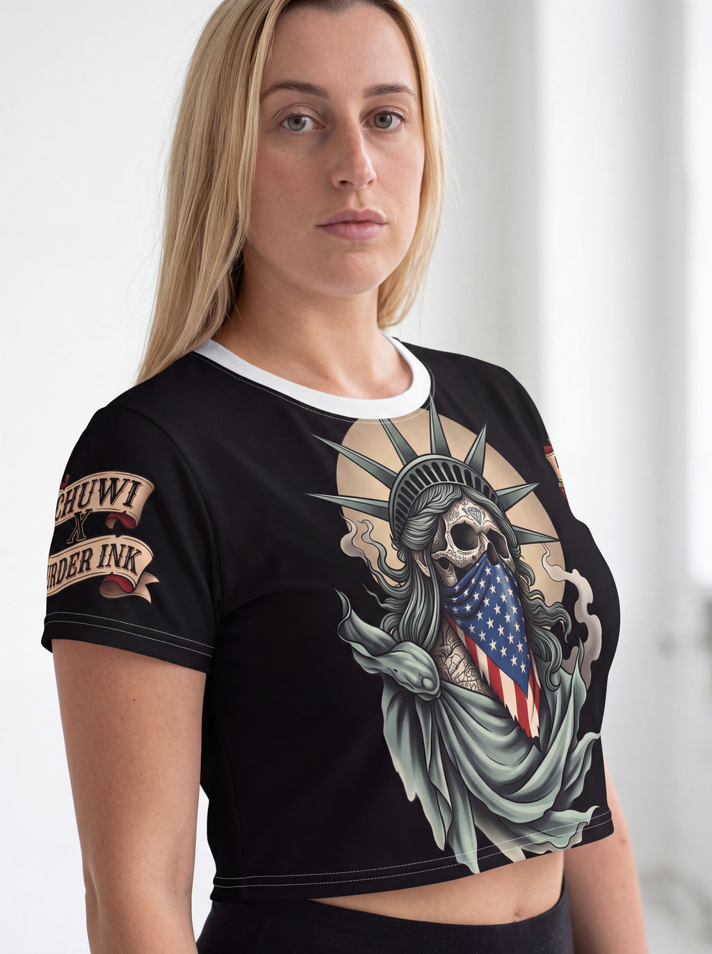 Skull Statue of Liberty Crop Tee — American Flag Bandana Graphic